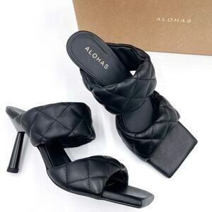 Alohas Conner Sandals Black‎ Leather Quilted Heels Square Toe Sz 8.5